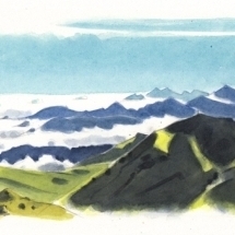 Pyrénées, Aquarelle, Mer de nuage sur la chaîne des Pyrénées depuis le col du Tourmalet.
