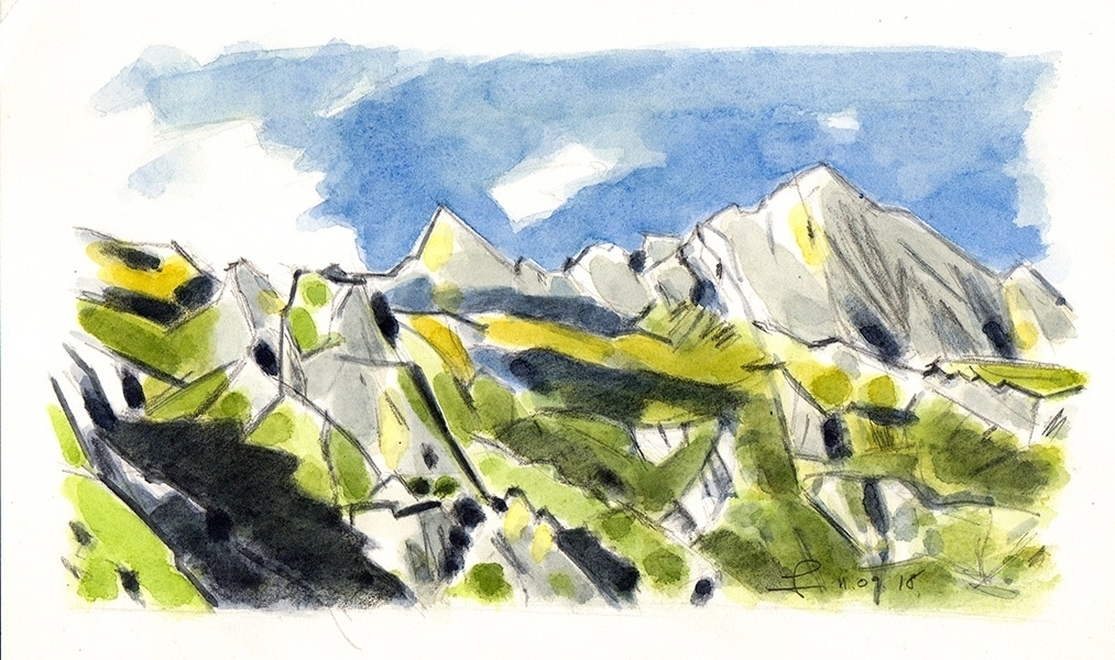 Pyrénées, Aquarelle de la Somme de Latte de Bazan, vers le Col d'Aubisque.